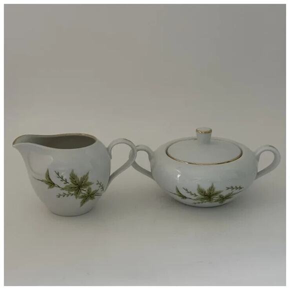 FINE CHINA OF JAPAN, Creamer & Sugar Bowl w/Lid, White with Pink, Green & Brown - Picture 2 of 15